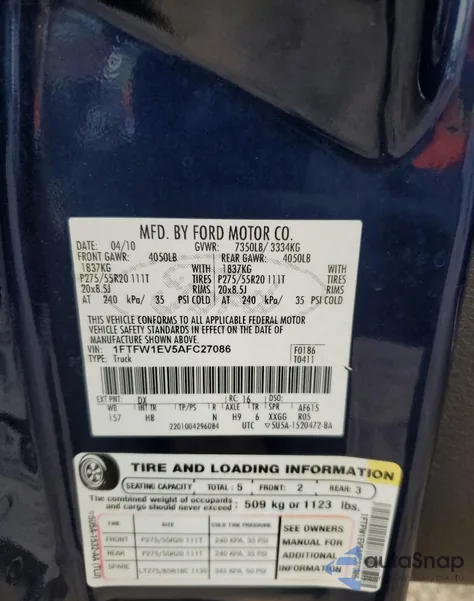 2010 Ford F150 Supercrew из США, поврежденный, VIN 1FTFW1EV5AFC27086